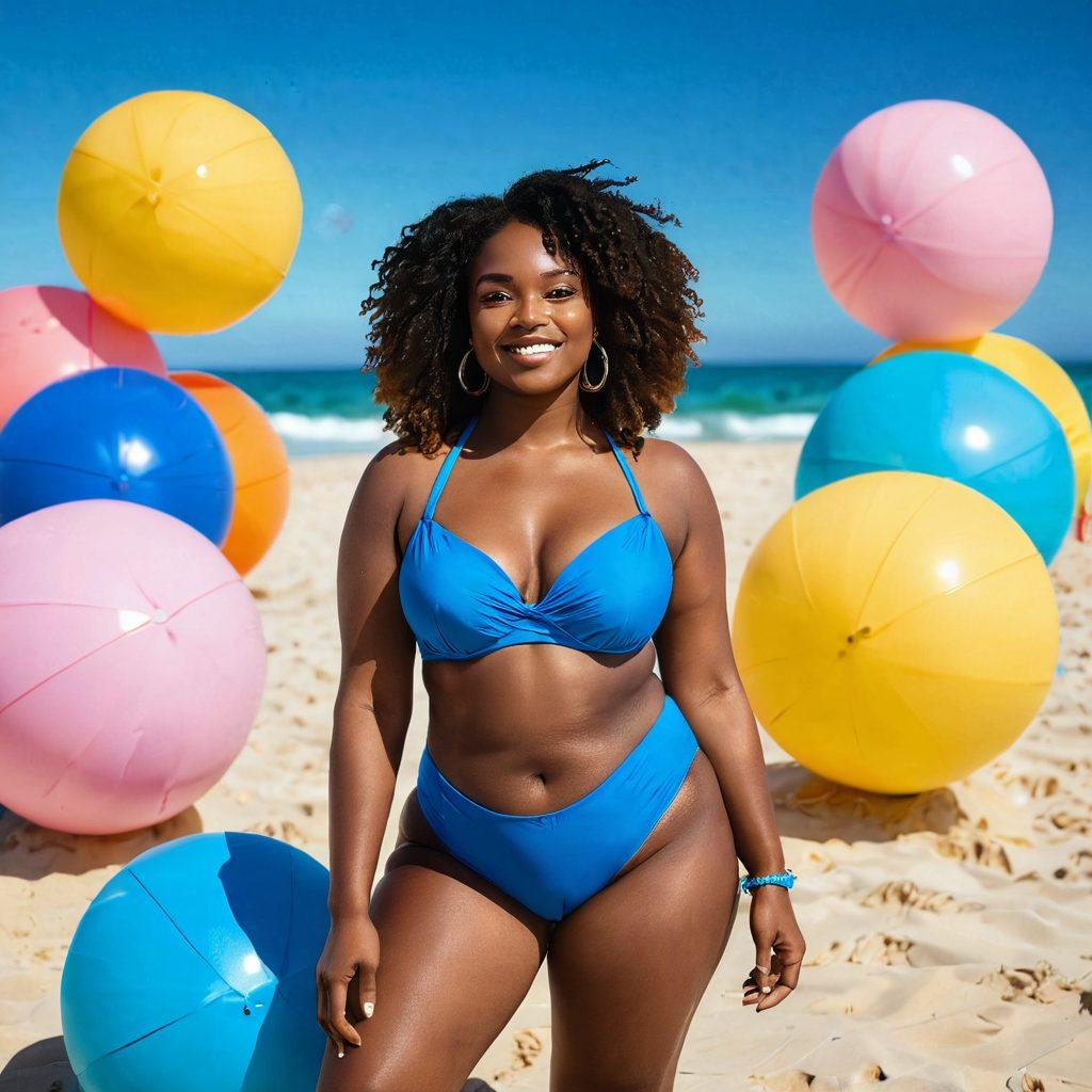 A confident person of diverse body shapes and sizes joyfully wearing stylish bikinis on a sunlit beach, surrounded by soft pastel-colored beach umbrellas and vibrant beach balls. Incorporate a gentle ocean breeze, with a hint of melancholy blues in the sky, and uplifting quotes about body positivity subtly integrated into the sand. The scene should radiate warmth and inclusivity. super-realistic. vibrant colors. summer vibes.